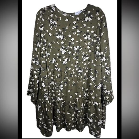 ASOS Design Curve Long Sleeve Smock Mini Dress Khaki Green Floral Dress US 18 - Picture 1 of 9